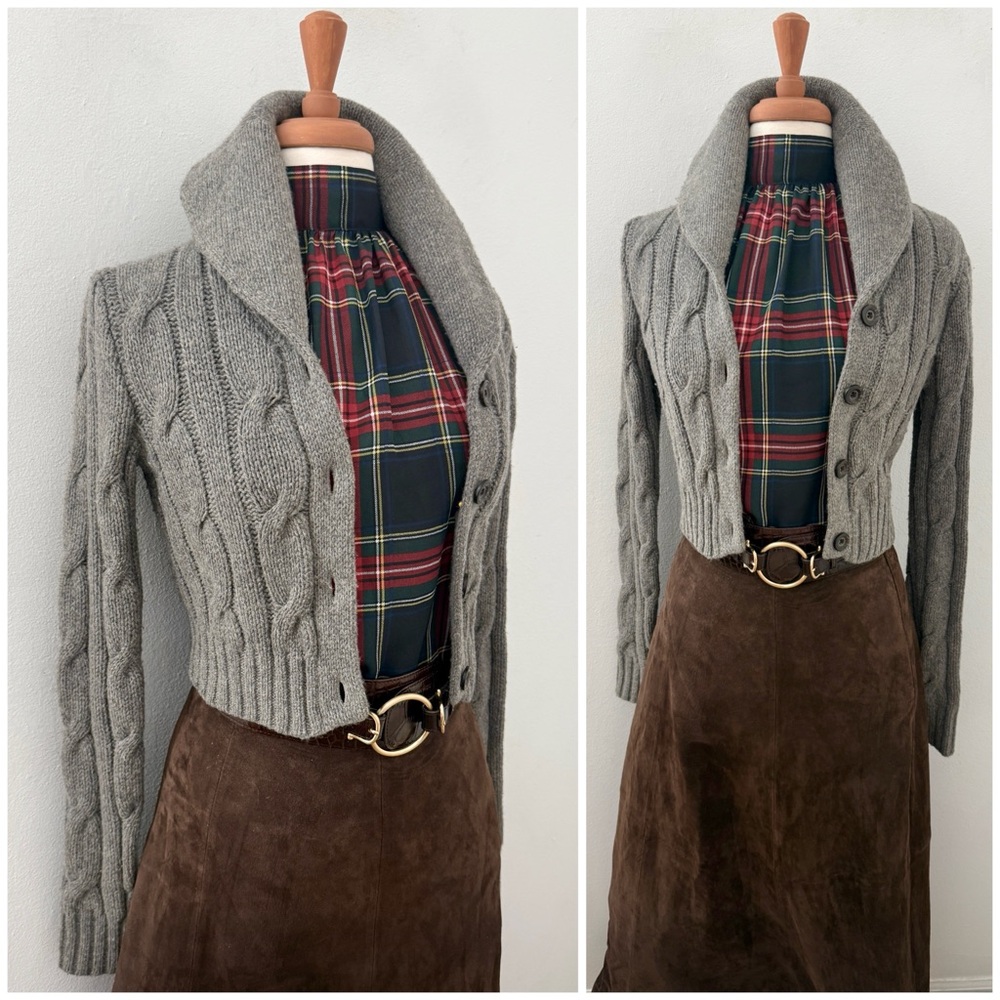 Ralph Lauren Rugby Cropped Cardigan Cashmere Lambswool Blend Preppy Cable Medium - Picture 2 of 13